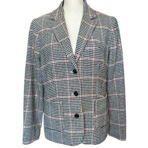 LL Bean Blazer Bellandi Black Houndstooth Print Lined Italian Wool Womens Sz M